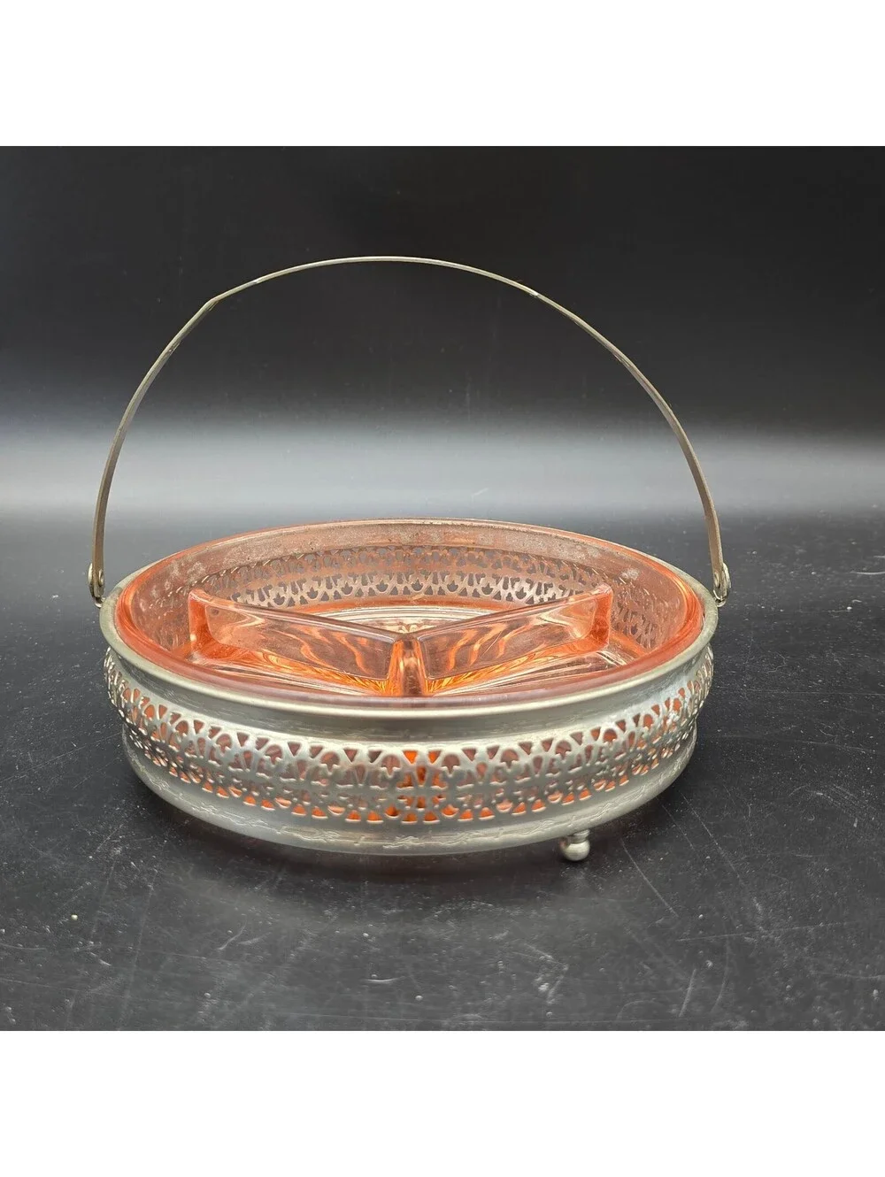 Vintage Pink Depression Glass 3-Part Divided Relish Dish Metal Caddy Handle